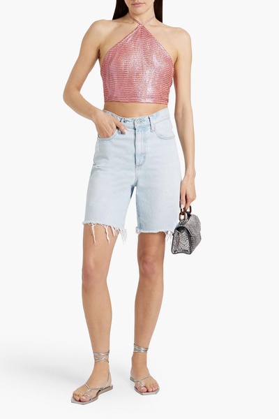 Cropped metallic crochet-knit halterneck top