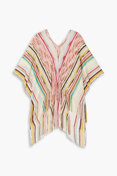 Fringed striped crochet-knit poncho