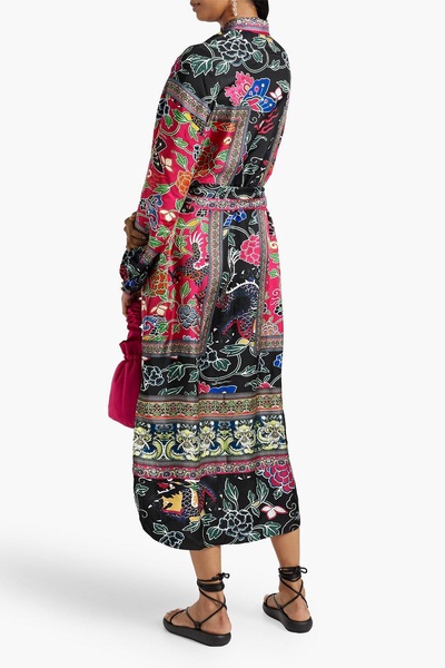 Crystal-embellished printed silk-twill midi shirt dress