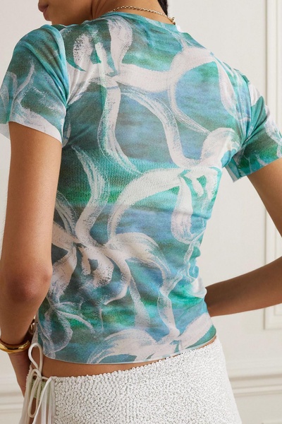 Printed stretch-tulle T-shirt