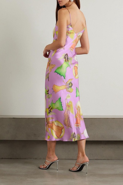 Embellished printed silk-satin midi slip dress