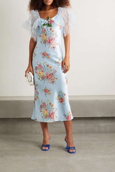 Embellished tulle-trimmed floral-print silk midi dress