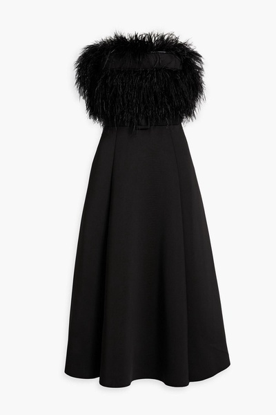 Strapless belted faux feather-embellished scuba midi dress