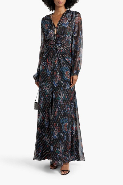 Kaira embellished metallic printed silk-blend chiffon maxi dress