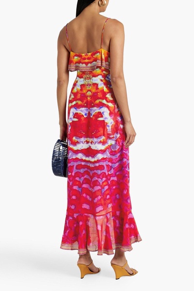 Embellished printed silk crepe de chine maxi wrap dress