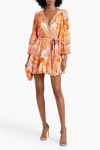 Crystal-embellished printed silk crepe de chine mini wrap dress