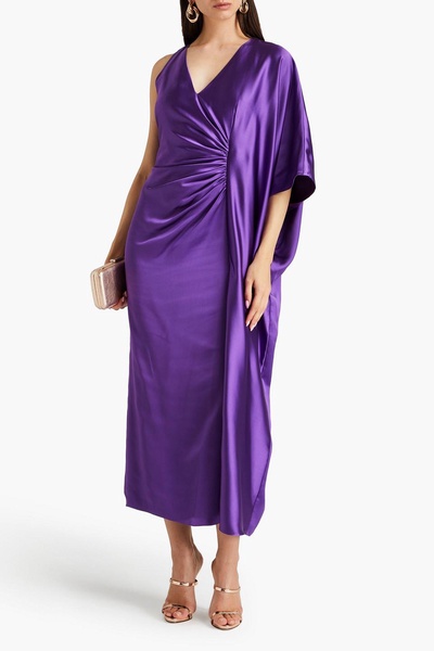 Asymmetric ruched satin-crepe midi dress