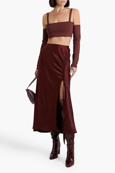 Ruched satin-crepe midi skirt