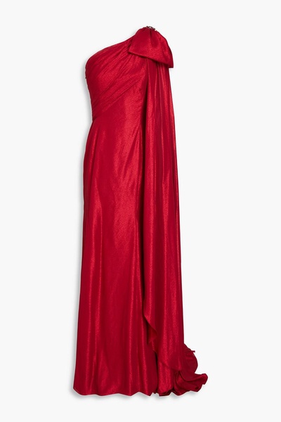 One-shoulder bow-detailed lamé gown