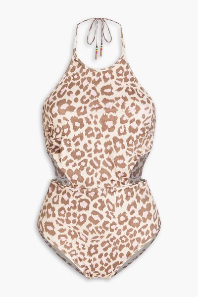 Cutout leopard-print halterneck swimsuit