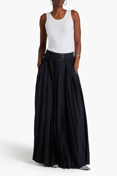 Belted pleated sateen maxi skirt