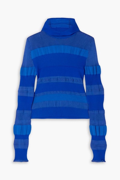 Striped ribbed-knit hooded turtleneck sweater