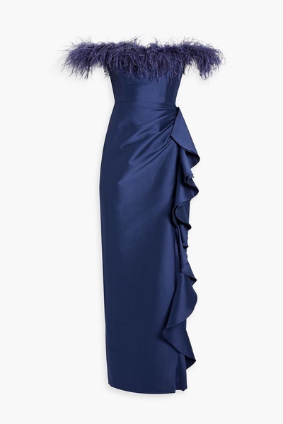 Off-the-shoulder feather-trimmed ruffled faille gown