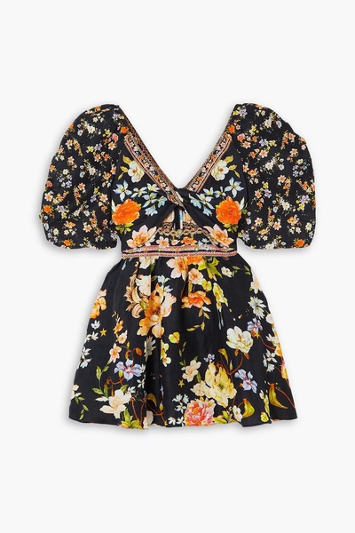 Crystal-embellished cutout floral-print linen and silk-blend mini dress