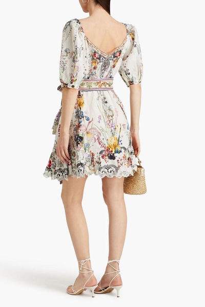 Embellished floral-print linen mini wrap dress