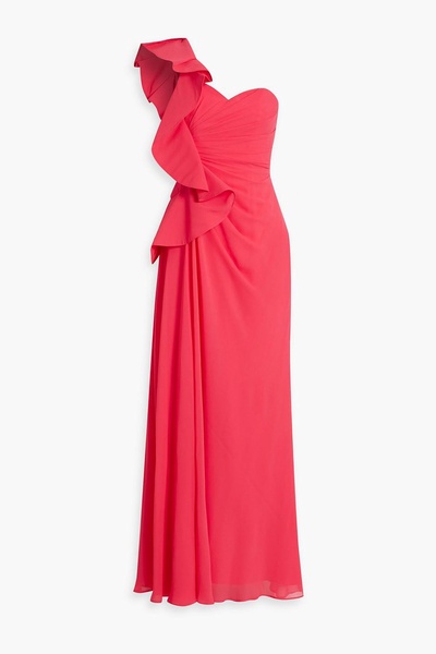 One-shoulder ruffled chiffon gown