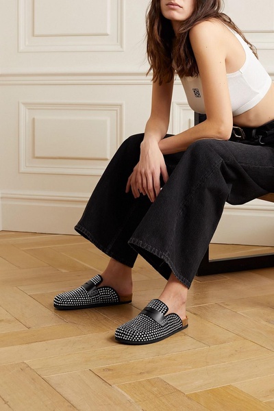 Crystal-embellished leather-trimmed suede slippers