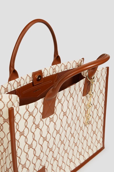 Leather-trimmed embroidered canvas tote