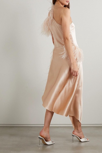 One-shoulder asymmetric feather-trimmed silk-satin dress