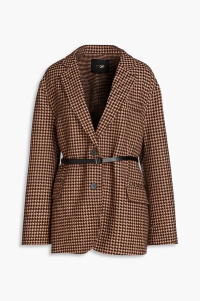 Belted houndstooth wool-blend blazer