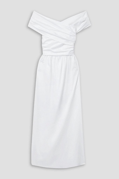 Corfu off-the-shoulder ruched cotton-blend poplin maxi dress