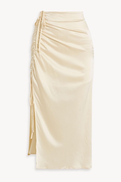 Lia ruched washed-silk midi skirt