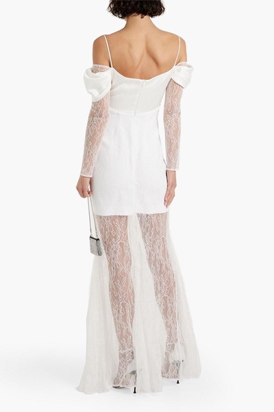 Cold-shoulder embellished satin and corded lace gown