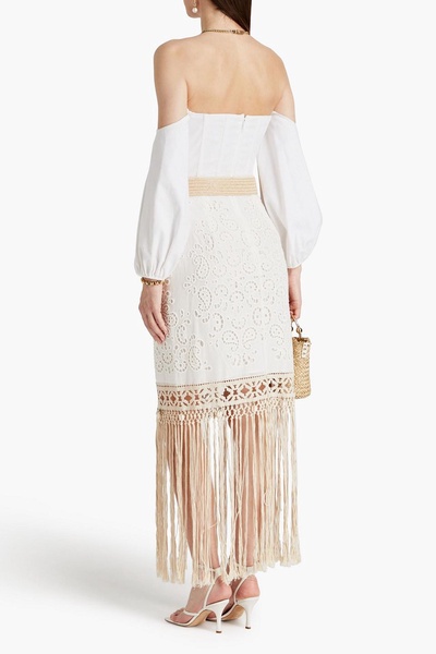 Belted fringed broderie anglaise cotton maxi skirt