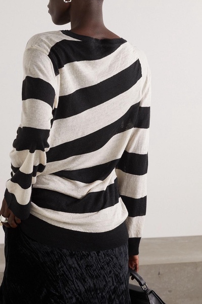 Asymmetric striped linen, cashmere and silk-blend sweater