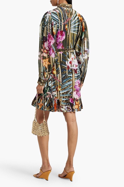 Embellished printed silk crepe de chine mini shirt dress