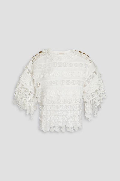 Linen crocheted lace and silk-organza top