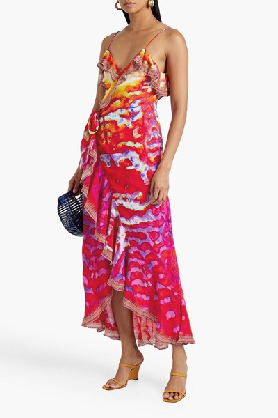 Embellished printed silk crepe de chine maxi wrap dress