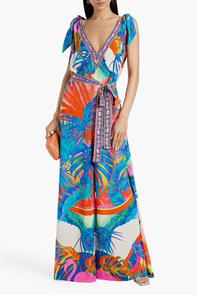 Crystal-embellished printed silk crepe de chine wide-leg jumpsuit