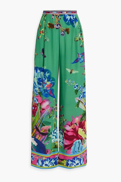 Crystal-embellished printed silk crepe de chine wide-leg pants