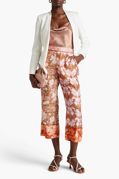 Cropped printed silk-twill straight-leg pants