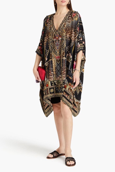 Embellished printed silk crepe de chine kaftan