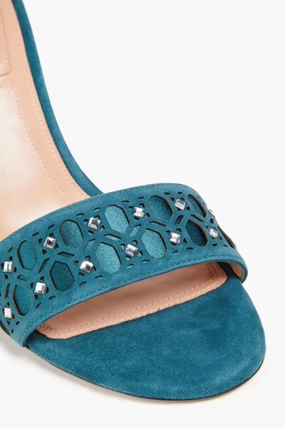 Crystal-embellished laser-cut suede sandals