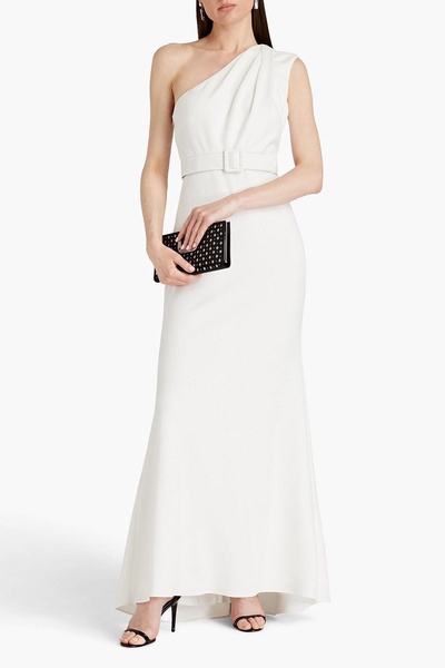 One-shoulder belted crepe gown