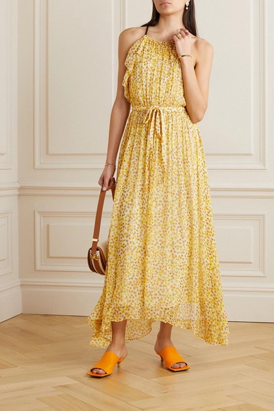 Belted ruffled floral-print silk-chiffon halterneck midi dress