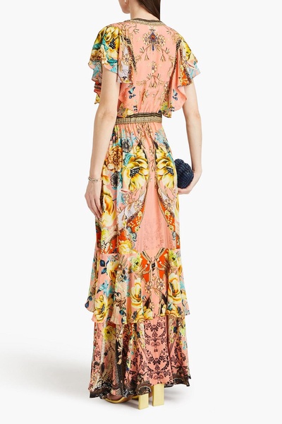 Crystal-embellished tiered floral-print silk crepe de chine maxi dress