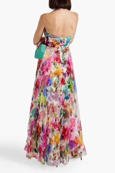 Floral-print silk-organza halterneck gown