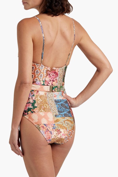 Devi chain-embellished belted paisley-print swimsuit