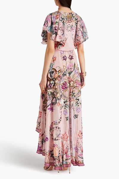 Ruffled bead-embellished floral-print silk crepe de chine maxi wrap dress