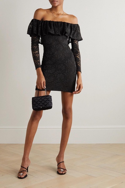 Alessia off-the-shoulder ruffled stretch-lace mini dress