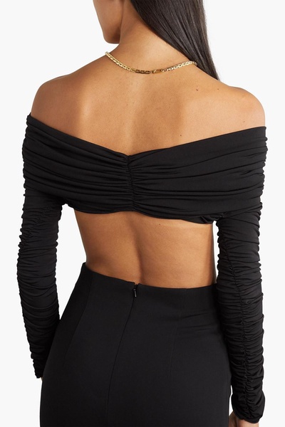 Off-the-shoulder cropped ruched stretch-jersey top