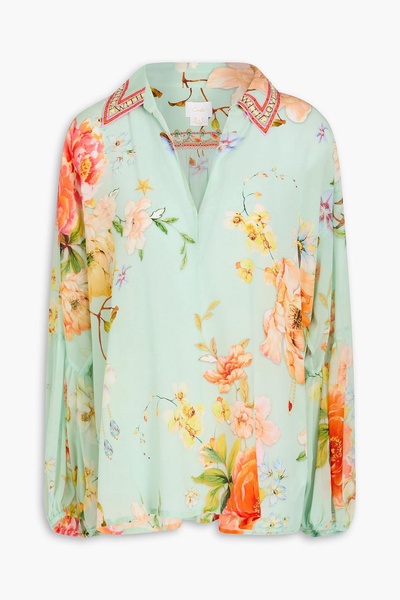 Crystal-embellished floral-print silk crepe de chine blouse