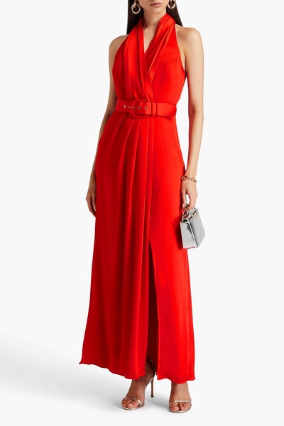 Lacey belted wrap-effect satin-crepe halterneck gown