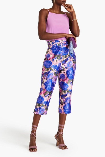 Belted copped floral-print silk-satin tapered pants