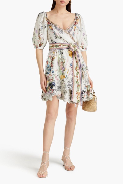 Embellished floral-print linen mini wrap dress