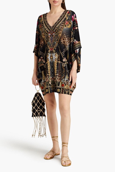 Crystal-embellished printed jersey mini dress